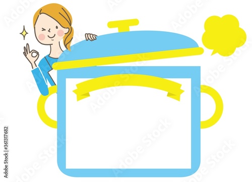 料理教室のタイトル枠とエプロン姿の女性