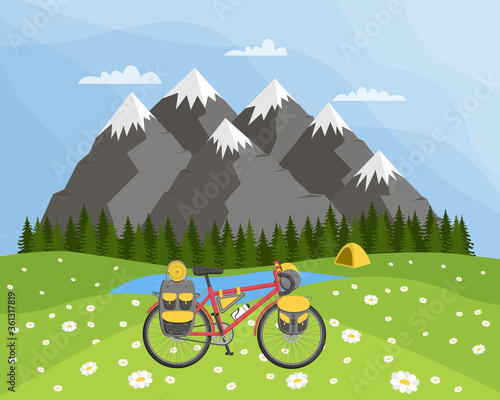 Natural landscape with a chamomile meadow and mountains and a tent in the background. The concept of trips by bike with backpacks and bags. Bikepacking. Outdoor activity. Vector illustration.flat