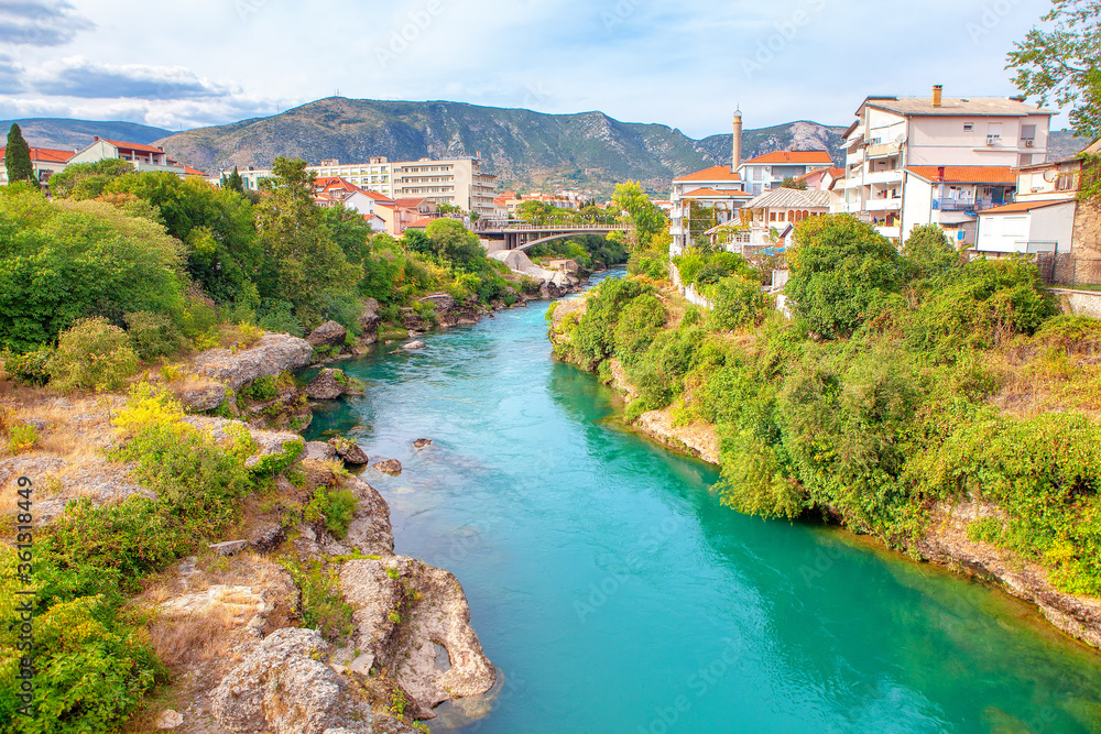 Scenery of Mostar city in southern Bosnia and Herzegovina . View of Lucki most and Neretva River in Old Mostar Town