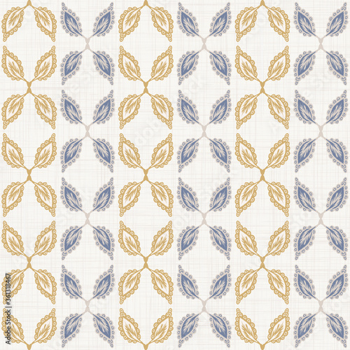 Seamless leaf stripe pattern. French blue linen shabby chic style. Hand drawn floral damask texture background. Farmhouse style wallpaper home decor swatch. Foliage motif all over print