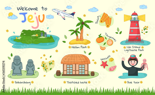 Welcome to Jeju. Set of Jeju tourist attractions such as hallim park, tourism diving, udo island lighthouse park, dolharubang, thatched house, dive tour. Jeju island in South Korea. Vector flat
