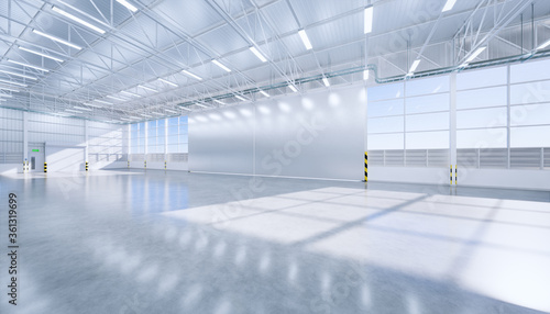 Hangar or industrial building inside. Safety and protection with automatic sliding door. Modern interior design with concrete floor, steel wall and empty space for industry background. 3d render.