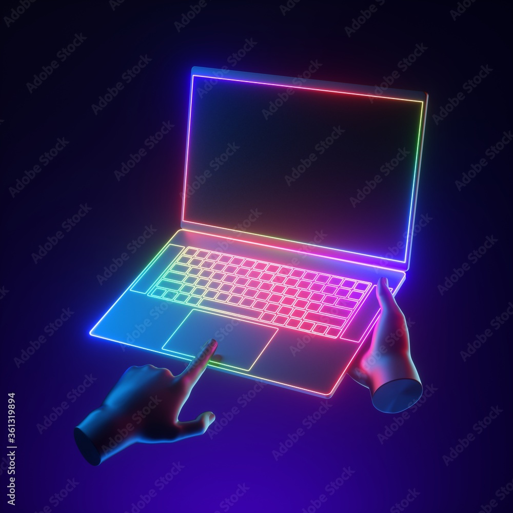 3d render laptop notebook human hands. Electronic device isolated on ultra  violet background, illuminated with colorful neon light. Virtual reality.  Futuristic technology concept. Digital illustration Stock-Illustration |  Adobe Stock