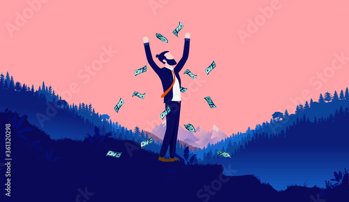 Money freedom - Man outdoors throwing money in air, being happy and feeling free. Economic independence, pay day and salary concept. Vector illustration.
