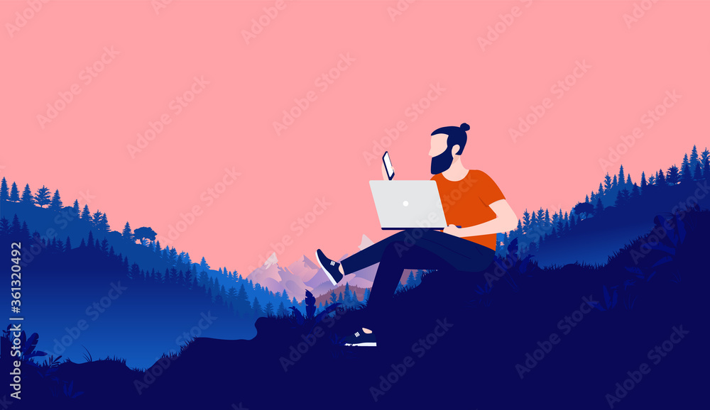 Working outside in wilderness - Bearded man with laptop and smartphone working outdoors in nature with landscape, forest and mountains in background. Remote work and freedom concept. Vector. - obrazy, fototapety, plakaty 