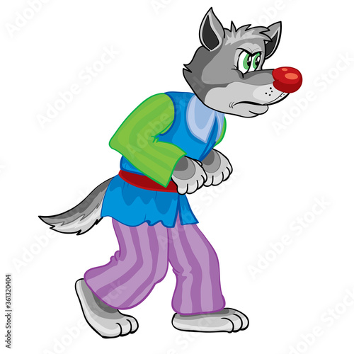 angry wolf in pants, fairy tale character, cartoon illustration, isolated object on a white background, vector illustration,