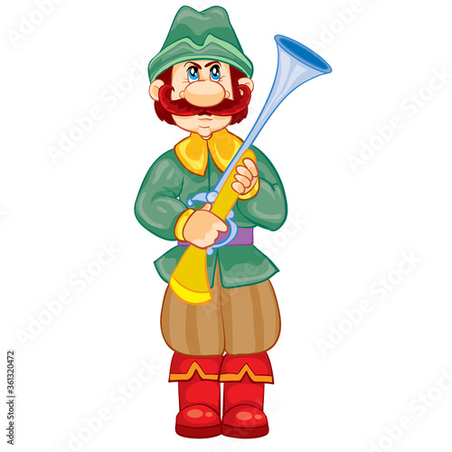 hunter with a gun in his hands, vintage, fairy tale character, cartoon illustration, isolated object on a white background, vector illustration,