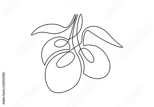Continuous line art drawing of olives. Olive branch made of one line for logo, minimalist linear sketch isolated on white background. Vector illustration
