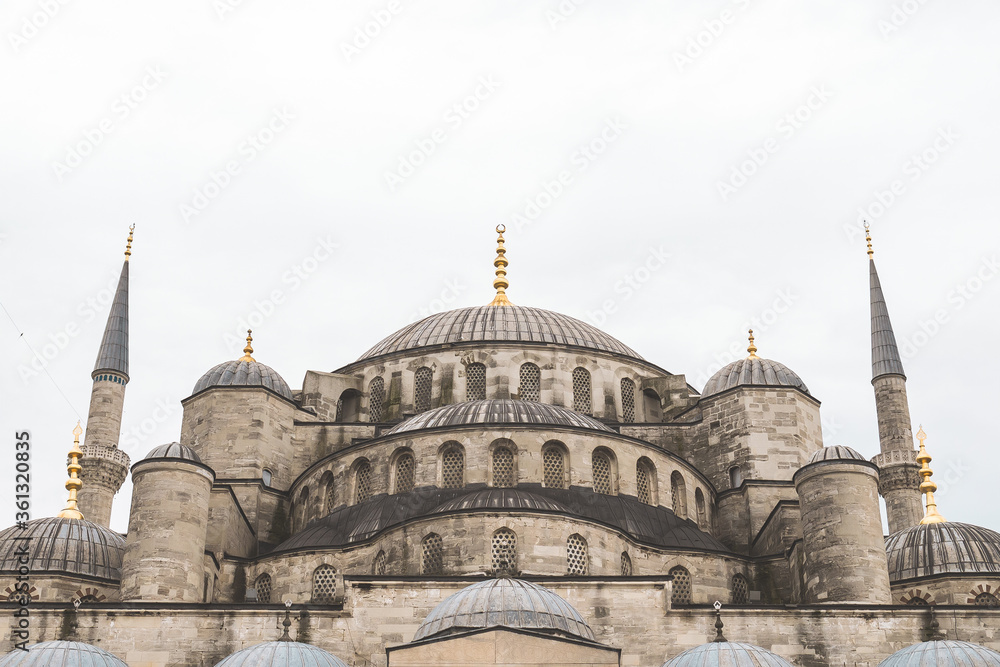 Blue mosque in istanbul close up. Sultanahmet Mosque in gloomy weather. The main entrance to the Blue Mosque in Sultanahmet Square.