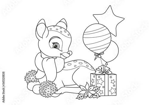 Christmas Deer with Gifts Coloring Page. Black and white cartoon illustration
