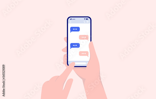 Texting - Person sending text messages on smartphone. Phone in right hand, and writing with left hand. Vector illustration.