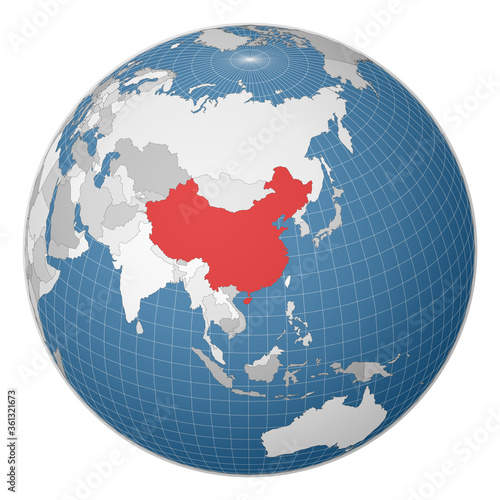 Globe centered to China. Country highlighted with green color on world map. Satellite world projection. Beautiful vector illustration.