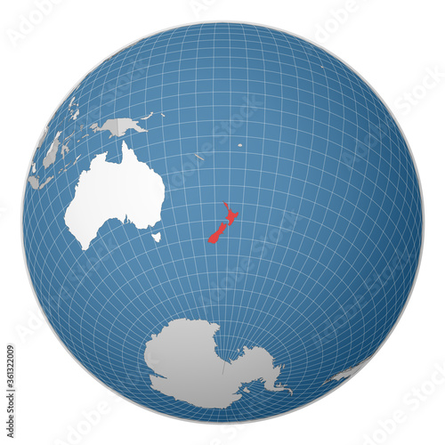 Globe centered to New Zealand. Country highlighted with green color on world map. Satellite world projection. Beautiful vector illustration.