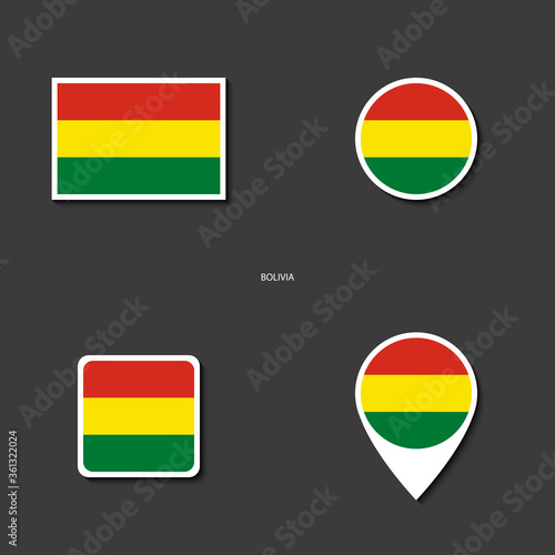 Bolivia flag icon set in different shape (rectangle, circle, square and marker icon) on dark grey background. Bolivia sticker flag collection on barely dark background.