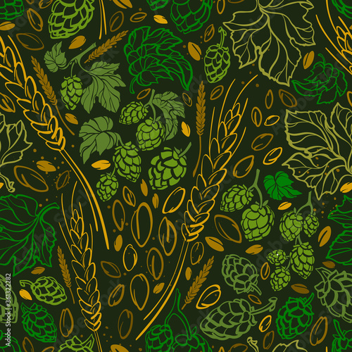 Wheat seed, hop. Vector doodle seamless pattern