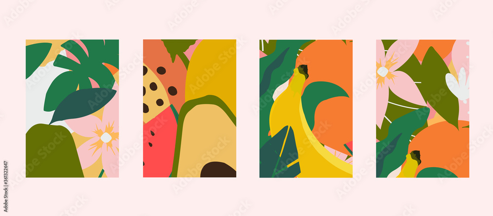 Colorful leaves, flowers and fruits card templates set. Exotic design for web banner, brochure, cover, flyer, invitation, placad, poster