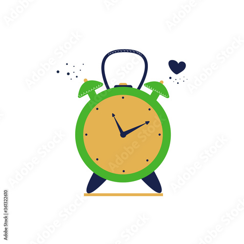 Cute alarm clock. Flat vector illustration. Time to love concept.