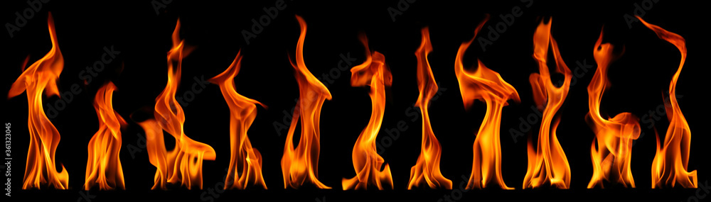 Fire collection set of flame burning isolated on dark background for graphic design purpose Fire collection set of flame burning isolated on dark background for graphic design purpose