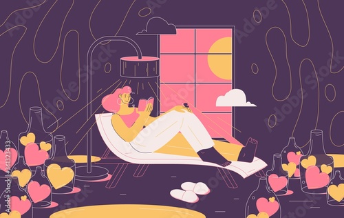 Vector concept scene with woman reading book in room full of hearts or likes. Educative banner about indifference to social media and popularity at internet. Outline character