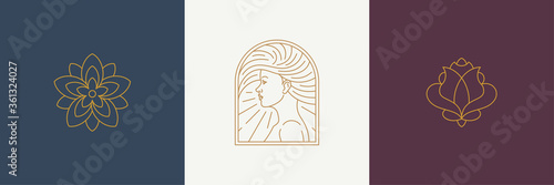 Vector line decoration design elements set - female face and rose illustrations simple linear style