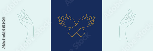 Vector line minimal decoration design elements set - gesture hands illustrations simple minimal linear style.