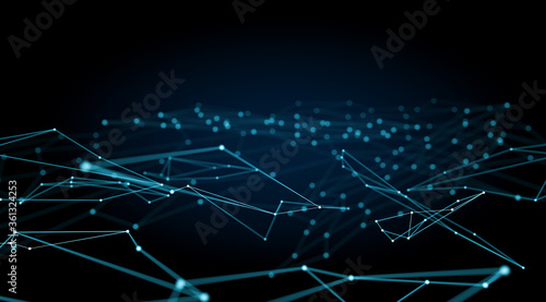 polygonal structure with connecting dots and lines and blurred dots on a dark blue background, 3d illustration
