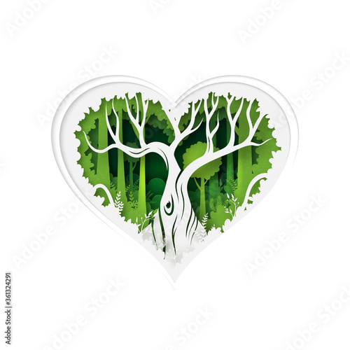 Heart shape of green jungle tropical rain forest nature landscape background paper art style.Vector illustration.