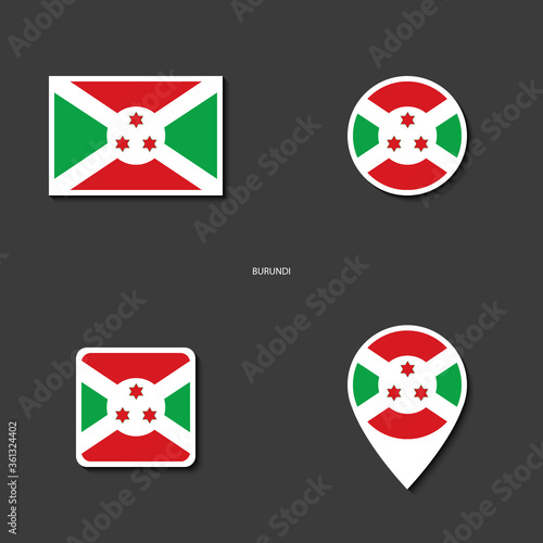 Burundi flag icon set in different shape (rectangle, circle, square and marker icon) on dark grey icon. Burundi sticker flag collection on barely dark background.