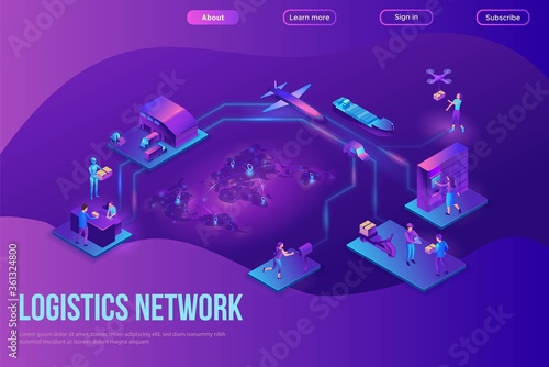 Logistics company landing page, process of delivering parcel, warehouse with trucks and boxes, smart technology concept, web site template, shipment by plane, car, maritime transport, by postal drone