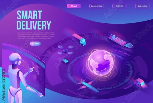 Isometric delivery service with truck, smart logistics company illustration, artificial intelligence managing transport system, robot watching screen with map, airplane, car, landing page template