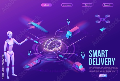 Isometric delivery service with truck, smart logistics company illustration, artificial intelligence managing transport system, robot watching screen with map, airplane, car, landing page template