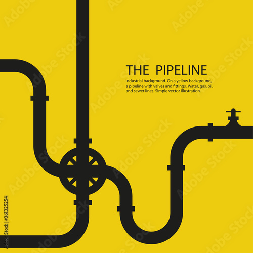Industrial background. On a yellow background, a pipeline with valves and fittings. Water, gas, oil, and sewer lines. Simple vector illustration