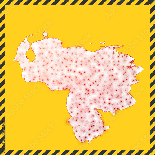Venezuela closed - virus danger sign. Lock down country icon. Black striped border around map with virus spread concept. Vector illustration.
