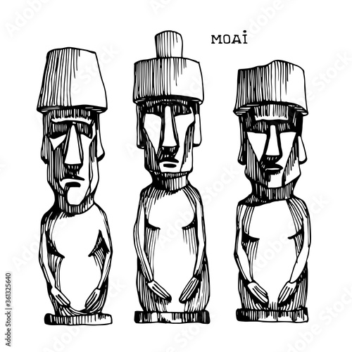 group of stone statues from Easter island, moai monuments, exotic touristic landmark, vector illustration with black ink  lines isolated on white background in doodle & hand drawn style photo