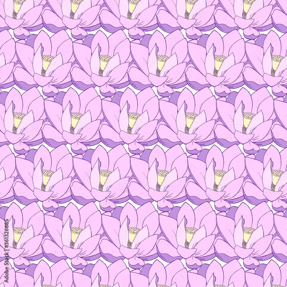 vector seamless background with pink lotuses. for paper design, packaging, interior design, and clothing. Zen, meditation, ethnic style vector seamless background with pink lotuses. for paper design, packaging, interior design, and clothing. Zen, meditation, ethnic style