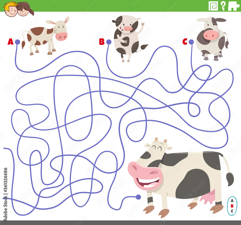 Fototapeta premium educational maze game with cartoon calves and cow