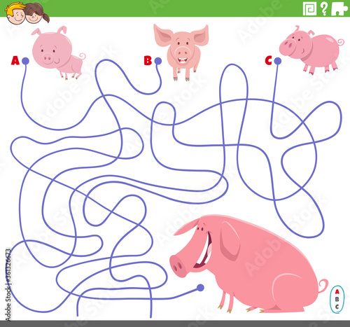 educational maze game with cartoon piglets and pig
