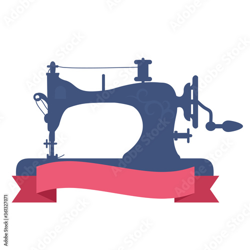 silhouette of an old vintage sewing machine with thread and ribbon for your inscription.