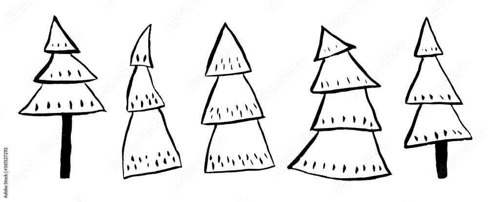 watercolor hand drawn illustration set with black outline christmas pine fir trees textured elegant graphic and minimalist on white isolated backgroun. For scandinavian new year textile wrapping paper watercolor hand drawn illustration set with black outline christmas pine fir trees textured elegant graphic and minimalist on white isolated backgroun. For scandinavian new year textile wrapping paper