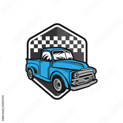 Retro car repair garage sign with retro style truck. Custom restoration shop. Truck  illustration of classic retro style truck. Isolated on grey.