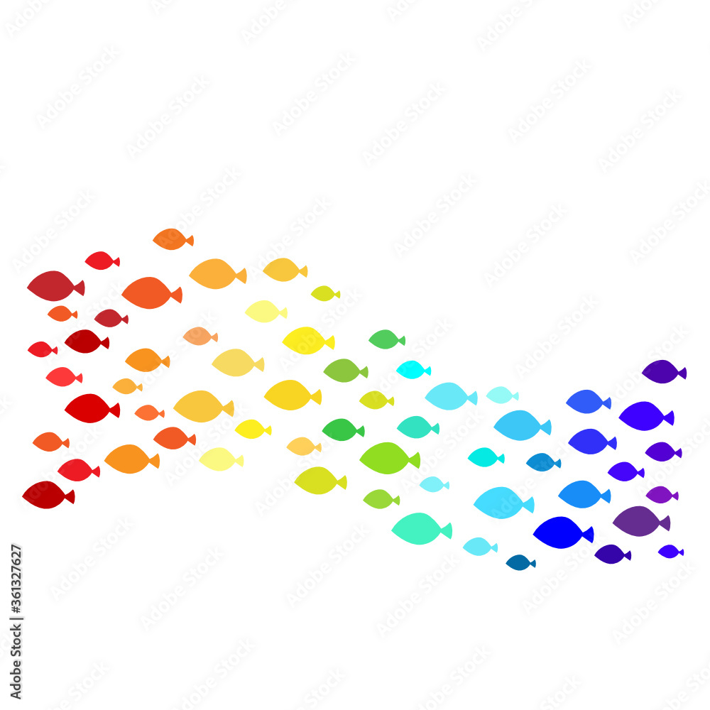 Rainbow shoal of fish in Spectral colors vector illustration