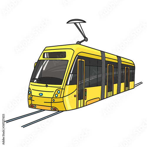 Modern yellow city tram on the tracks