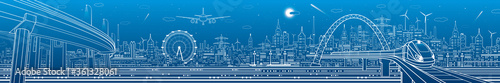 Urban panorama. Modern city skyline outline illustration. Train rides on bridge. Illumination highway. Car overpass. Town infrastructure . White lines on blue background. Vector design art
