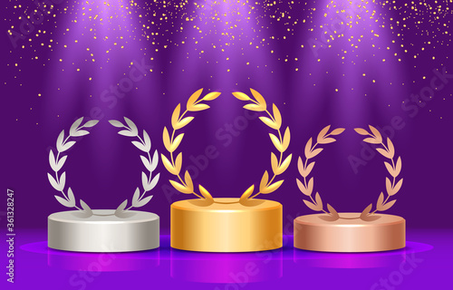 winners podium with laurel wreath. three prizes.