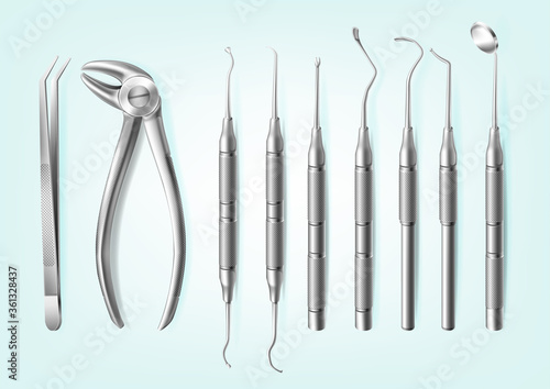 Vector set of realistic professional dental tools isolated on blue background. Stainless steel handheld medical instrument for treatment and tooth extraction. Oral medical devices for inspection teeth