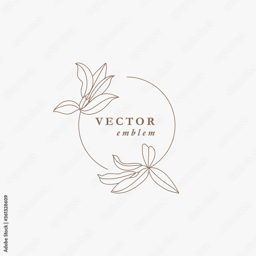Vector logo floral design template in trendy linear style. Plant and ...