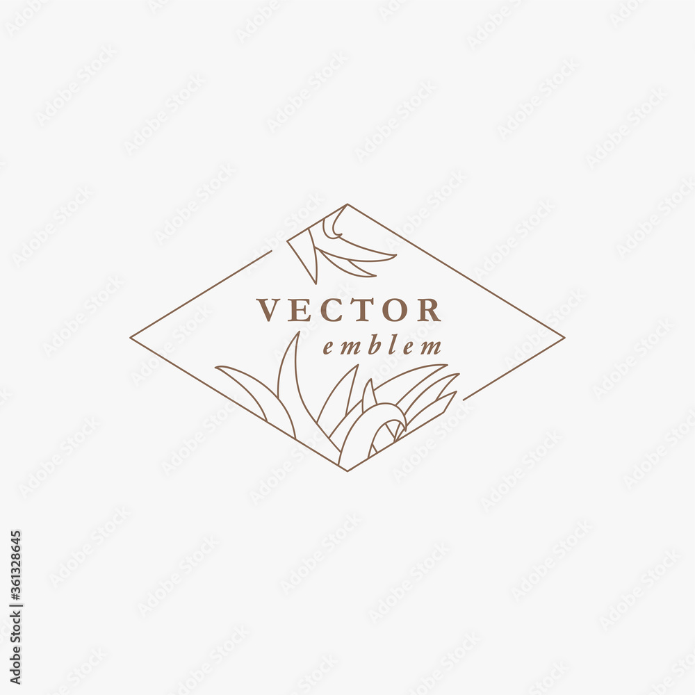 Vector logo floral design template in trendy linear style. Plant and monogram with elegant leaves. Emblem for fashion, beauty and jewellery industry. Vector logo floral design template in trendy linear style. Plant and monogram with elegant leaves. Emblem for fashion, beauty and jewellery industry.