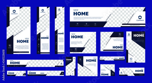 set of creative web banners of standard size with a place for photos. Real Estate ad banner. Vertical, horizontal and square template.	