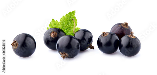 Black currant berries with leaf  on White Background