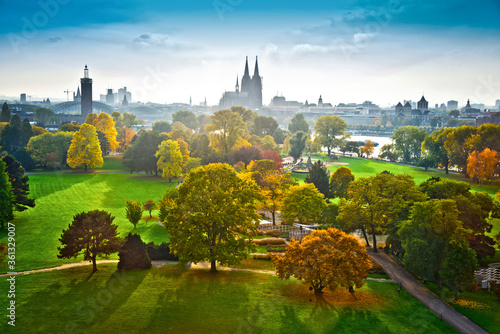 Blick im Herbst über den Rheinpark auf den Kölner  Dom